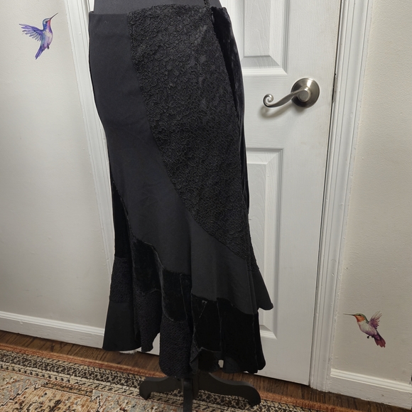 Sunny Leigh Black Velvet Lace Patchwork Asymmetrical Midi Skirt WhimsiGoth - Picture 4 of 9